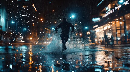 Poster - A person runs through a rain-soaked city street at night, splashing through puddles.