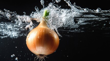 An onion splashing into water, showcasing dynamic movement and freshness.