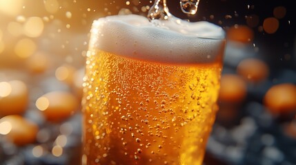 A glass of beer with foam on top. The foam is white and the beer is yellow. The image has a warm and inviting mood.