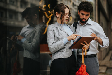 Poster - Two business colleagues discussing work on a digital tablet while standing outdoors. Professional teamwork and collaboration in an urban environment.