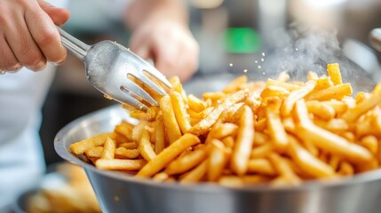 A chef meticulously stirs a bowl of golden fries with a slotted spatula, highlighting the attention to detail in preparing the delicious, crispy snack in a professional kitchen setting.