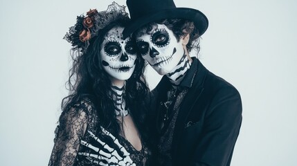 A couple dressed in skeleton costumes, celebrating a festive occasion with face paint.