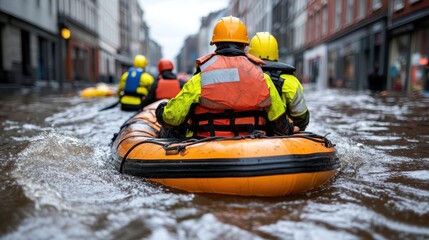 Rescue workers wearing reflective vests and helmets navigate through a city experiencing severe flooding, paddling with determination to save lives and provide aid.