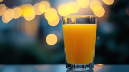 Canvas Print - A glass of orange juice sits elegantly against a backdrop of soft, glowing lights.