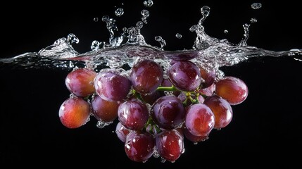 A cluster of grapes submerged in water, creating a dynamic splash effect.