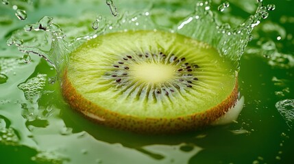 Wall Mural - A kiwi slice splashes into green liquid, creating dynamic visual effects.