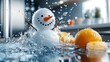 © Lens Legacy - A snowman joyfully splashes in water on a kitchen countertop next to an orange, embodying fun and whimsical spirit in a modern indoor environment.
