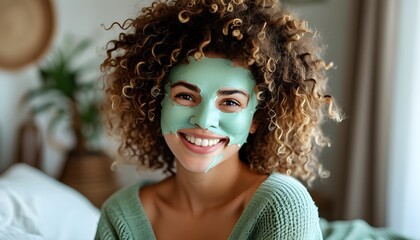 Cheerful woman with curly hair enjoying a green facial mask in a cozy home environment