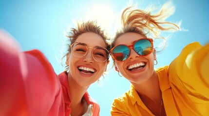 Two friends take a vibrant selfie under a bright blue sky. Their joyful expressions and colorful clothing reflect the warmth and excitement of a sunny day.