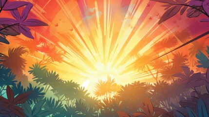 Tropical Jungle at Sunrise with Sun Rays and Silhouettes of Palm Trees