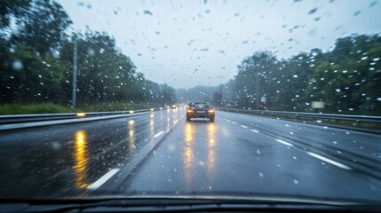 Sticker - A rainy drive on a highway with blurred visibility and raindrops on the windshield.