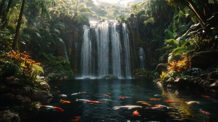 A serene waterfall surrounded by lush greenery and colorful koi fish in a tranquil pool.