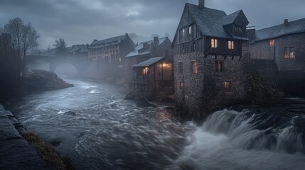 Sticker - A misty riverside scene featuring historic buildings and a flowing river at dusk.