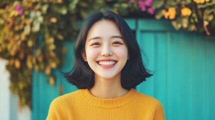 Wall Mural - Joyful Asian woman smiling brightly, wearing yellow sweater, exuding happiness.