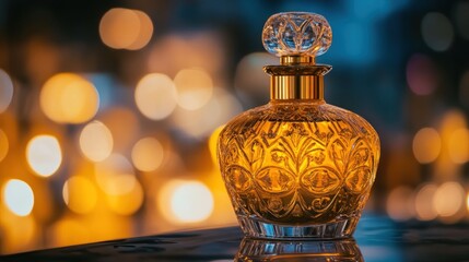 Canvas Print - A beautifully designed perfume bottle with intricate patterns, set against a blurred background.