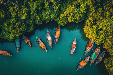 Wall Mural - Aerial view of traditional fishing boats in Bojo River.