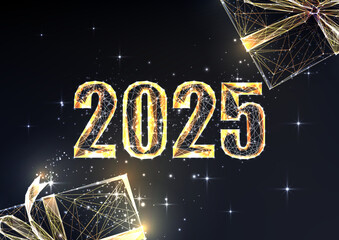 Wall Mural - 2025 New Year with gold 2025 digits and gift boxes on black background. Luxury, festive design