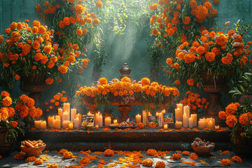 Wall Mural - an intricately designed ofrenda with candles, marigolds, photos, and traditional food like tamales a