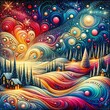 © derek oldfield - A vibrant, swirling landscape depicts a fantasy-like winter scene with colorful waves and snowy cabins under a starry sky. The dynamic colors create an enchanting atmosphere. (Gen, A.I.)