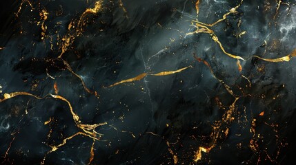 Poster - A luxurious black marble texture with gold veins, ideal for high-end design backgrounds or luxury branding