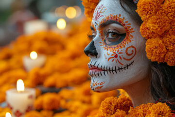 Sticker - A traditional face-painted sugar skull (Catrina) figure standing in front of an altar covered with marigolds, candles, and offerings.