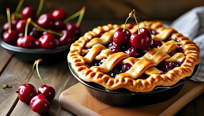 Homemade cherry pie with a golden lattice crust, filled with sweet juicy cherries, embodying the essence of indulgent comfort food