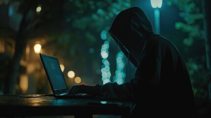 Poster - A person wearing a hoodie working on a laptop in the dark, representing cybercrime and hacking activities