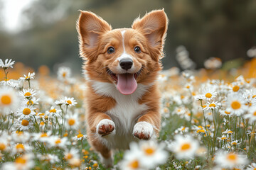 Wall Mural - A puppy with floppy ears running through a field of daisies, its tongue hanging out in pure happiness.