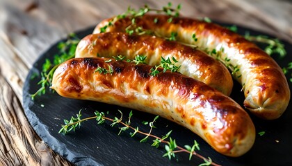 Golden brown sausage roll on black slate with fresh thyme, embodying comfort food and homemade goodness with its savory flavors and flaky pastry delight.