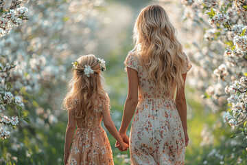 Wall Mural - A mother and daughter holding hands, walking through a blooming orchard with matching floral dresses.