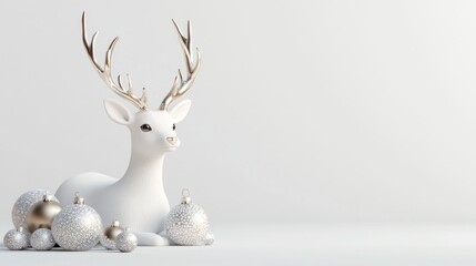 Sticker - A white deer figurine surrounded by silver ornaments on a minimalist background.