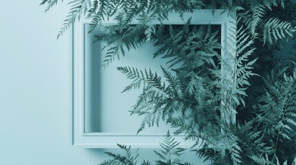 Canvas Print - A minimalist frame surrounded by lush ferns on a soft blue background.