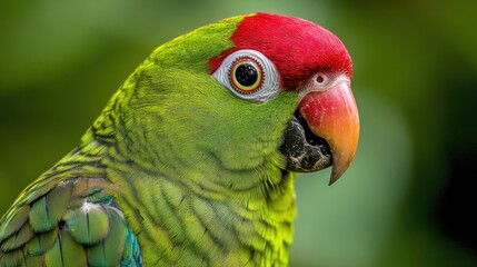 A close-up of a vibrant green parrot with a red crown and striking features.