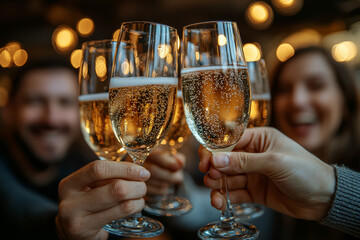 Sticker - A group of colleagues toasting with champagne at an office party, celebrating a successful project.