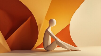 Poster - a wooden figure seated alone in a warm, colorful geometric backdrop during a tranquil moment of refl