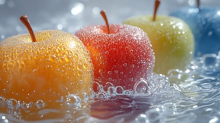 Colorful apples with water droplets, creating a fresh and vibrant aesthetic.