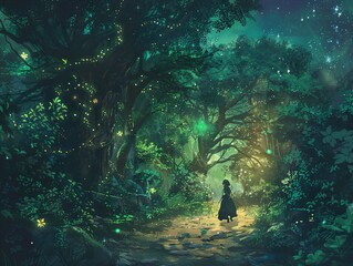 Poster - Enchanted Forest Path - Nighttime Fantasy Landscape