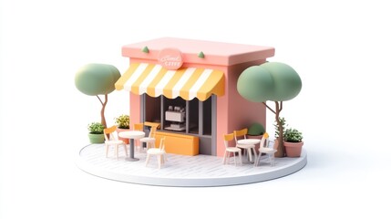 A charming café with outdoor seating, vibrant colors, and decorative plants.