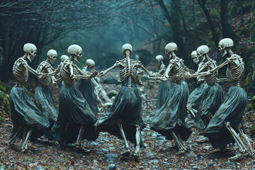 Poster - skeletons and noblemen dancing hand in hand in a darkened forest. concept of death as the great equa