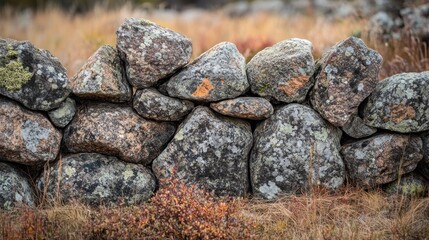 Canvas Print - A rustic stone wall composed of various textured rocks in a natural setting.