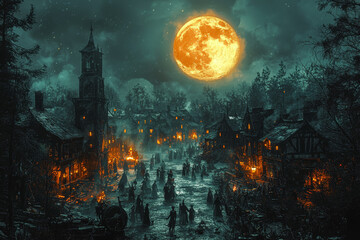 Wall Mural - a village square where skeletons and townsfolk dance together in the moonlight. concept of community