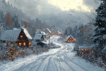 Poster - A village experiencing an unseasonal snowstorm. Concept of unpredictable weather patterns caused by climate change.