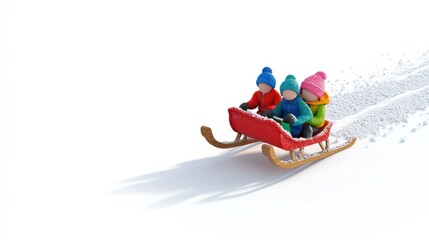 Canvas Print - Three children joyfully sledding down a snowy slope in a bright winter scene.