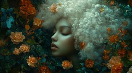 Wall Mural - A serene portrait of a woman with curly hair immersed in a lush garden filled with vibrant flowers and rich foliage