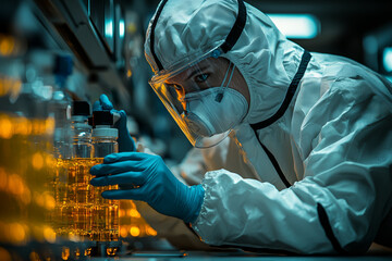 Poster - a scientist in a protective suit handling samples in a biosafety level 4 lab. concept of high-securi