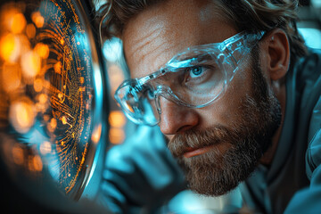 Poster - A physicist experimenting with particle accelerators. Concept of exploring fundamental physics in modern research.