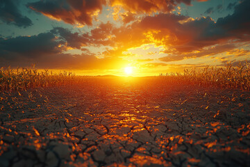 Wall Mural - A parched field with sun-scorched crops. Concept of agricultural impact and climate change.