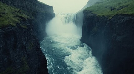 Sticker - A dramatic waterfall cascading into a river, surrounded by steep cliffs and lush greenery.