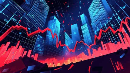 Poster - dynamic stock market trends displayed in a futuristic cityscape with rising and falling graphs at ni