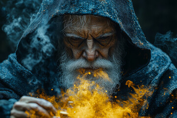 Poster - a medieval alchemist experimenting with mysterious substances. concept of early science and the ques